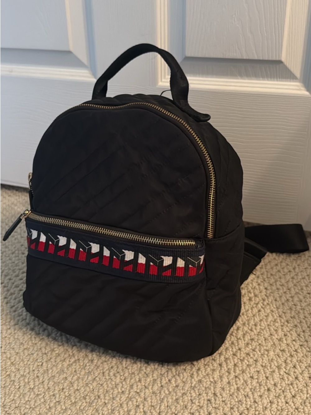 Tommy Hilfiger Black Quilted Backpack with Red & White Trim